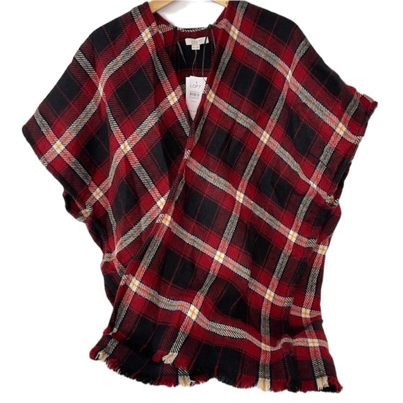 LOFT Sweaters - LOFT Poncho Wrap Red and Black Plaid NWT Women’s Size XS/S